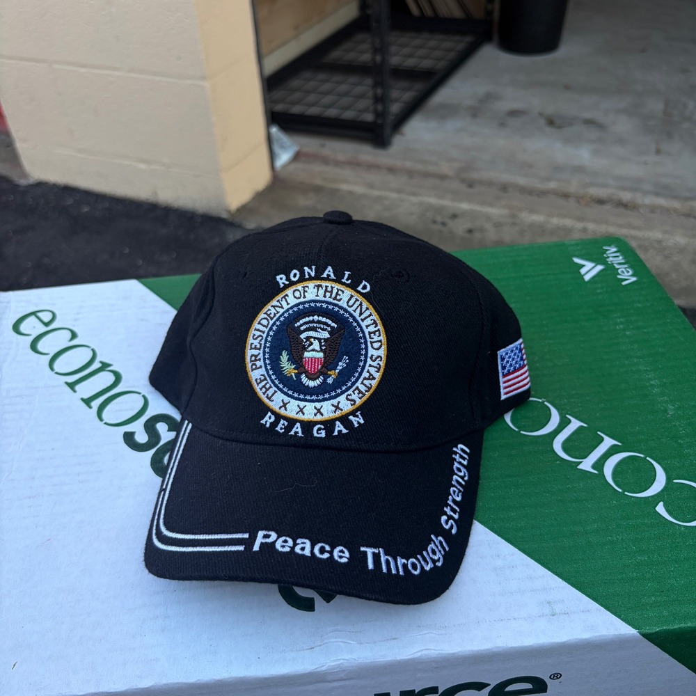 Ronald Reagan Presidential Seal Hat Black Peace Through Strength USA Flag Cap